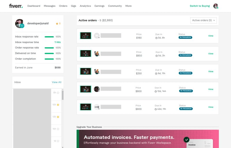 Junaid's Fiverr seller dashboard
